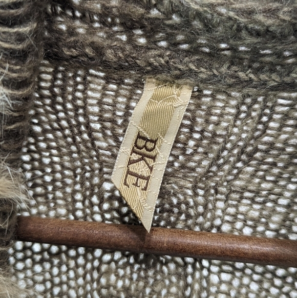 BKE Sweater Women Large Brown Wool Cardigan Tunic Open Front Boho Feather Fringe - Picture 3 of 11